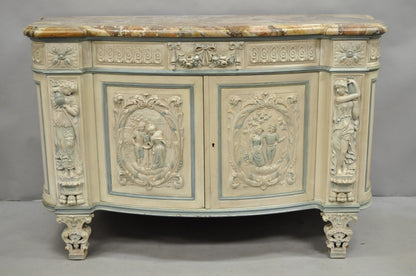 French Renaissance White Blue Painted Figural Carved Marble Top Buffet Commode