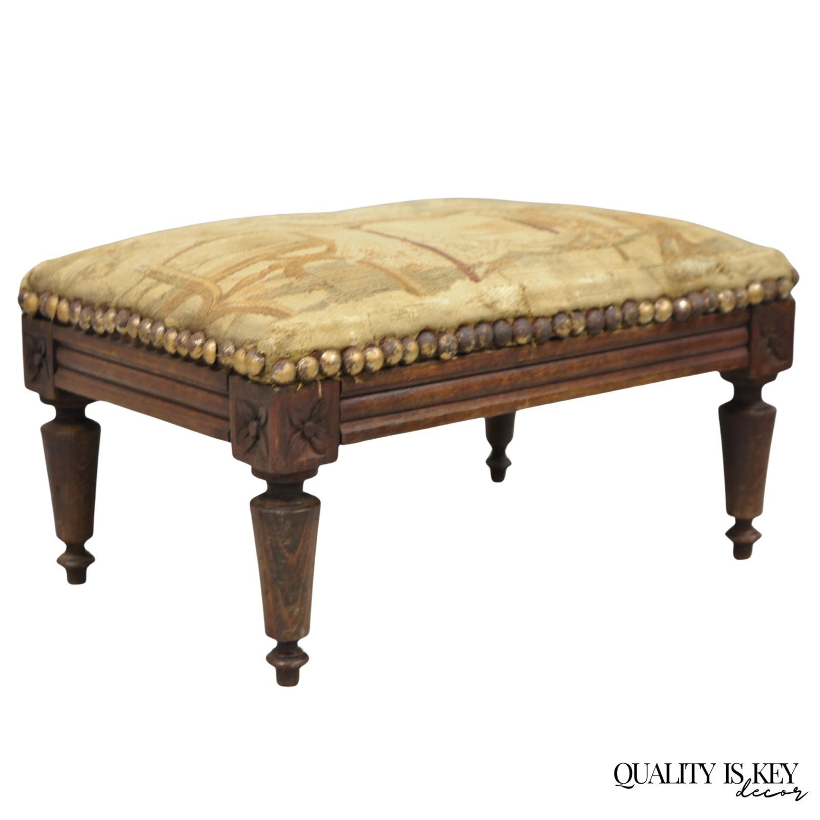 Antique French Country Louis XVI Carved Walnut Small Petite Footstool Ottoman
