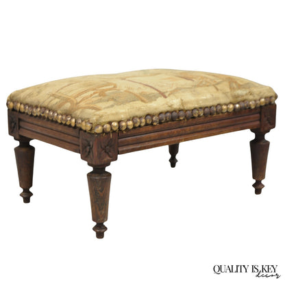 Antique French Country Louis XVI Carved Walnut Small Petite Footstool Ottoman