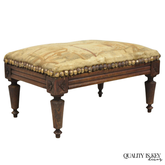 Antique French Country Louis XVI Carved Walnut Small Petite Footstool Ottoman