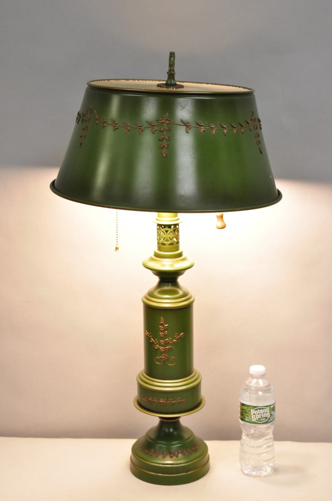 Vintage French Country Green Tole Metal Tall Lantern Table Lamp with Shade