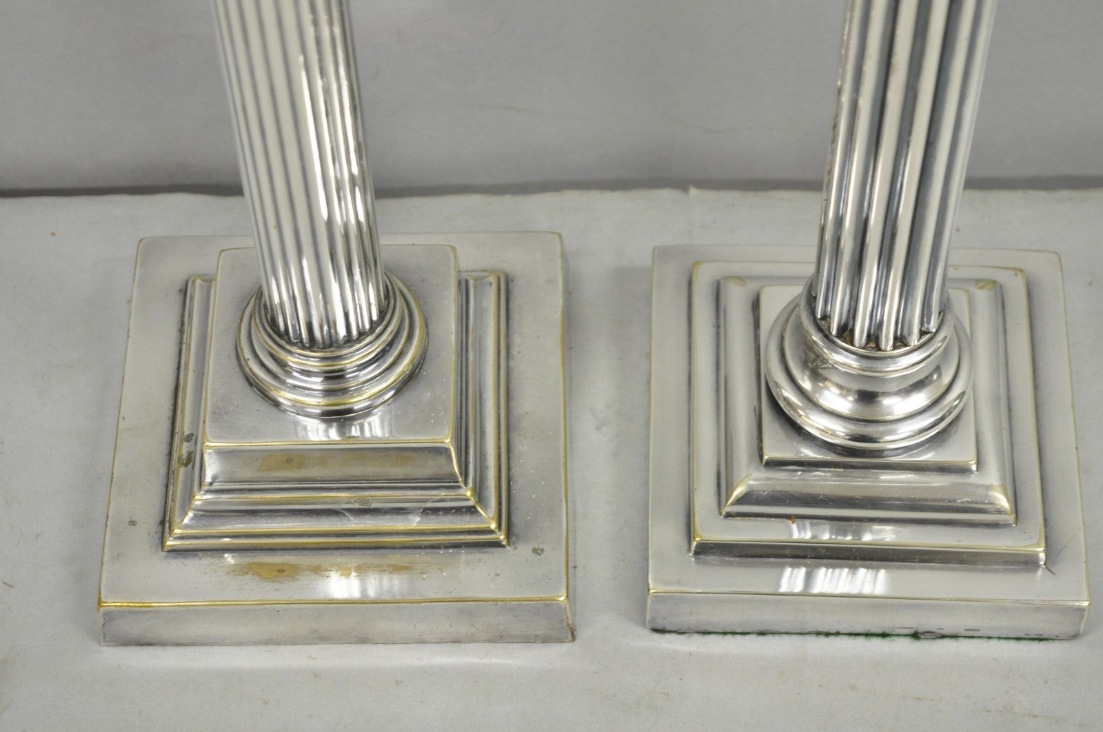 French Empire English Silver Plated Corinthian Column Table Lamp - Near Pair