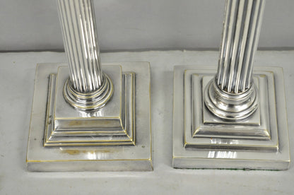 French Empire English Silver Plated Corinthian Column Table Lamp - Near Pair