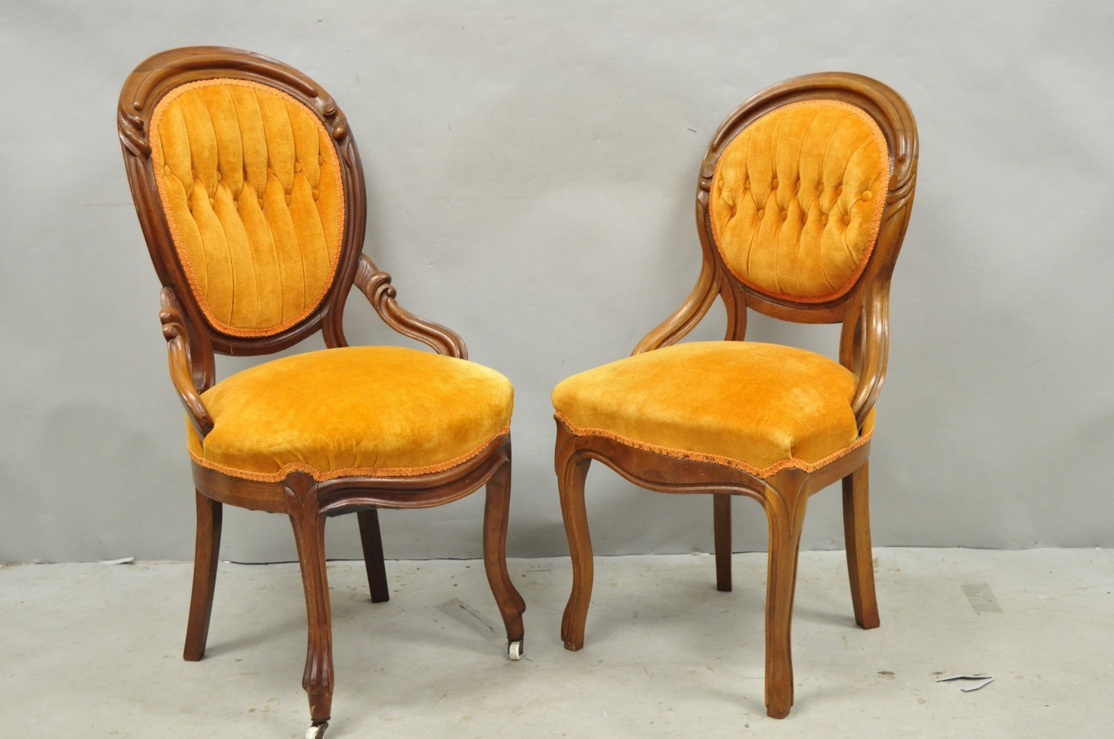 Antique Eastlake Victorian Carved Walnut Orange Parlor Side Chairs - a Pair