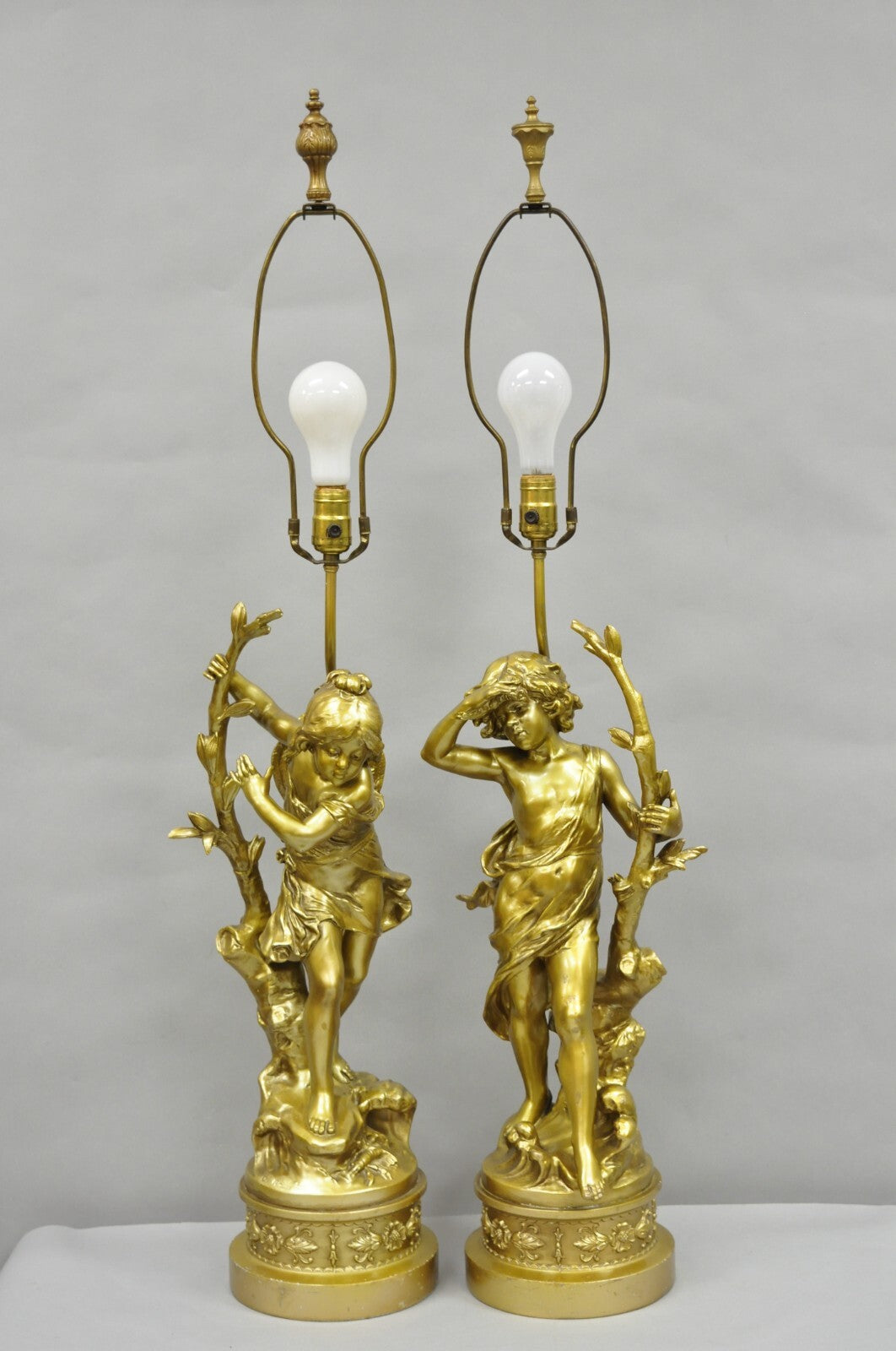Antique L&F Moreau French Renaissance Gold Paint Metal Figural Table Lamps Pair