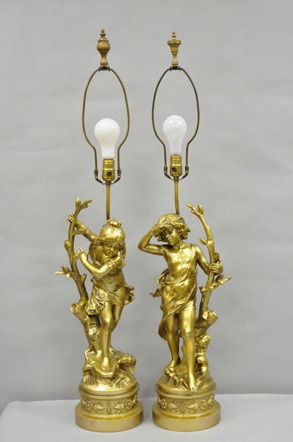 Antique L&F Moreau French Renaissance Gold Paint Metal Figural Table Lamps Pair