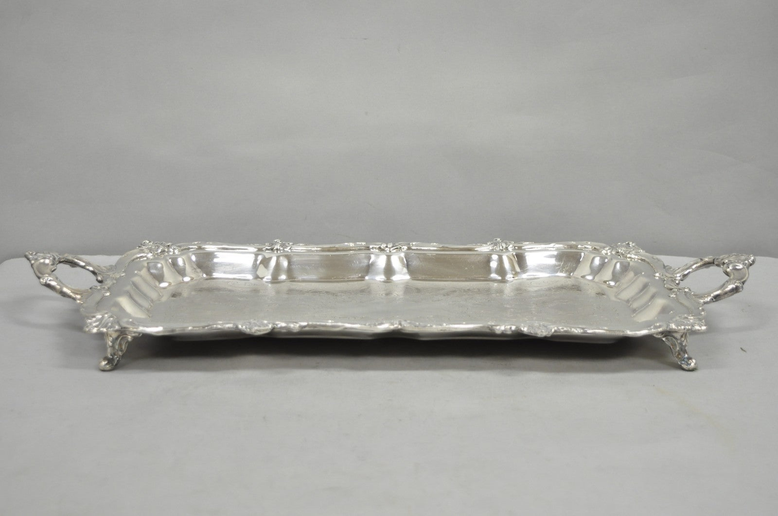 Vintage Victorian Silver Plated Narrow Footed Bar Serving Tray w Handles by Eton