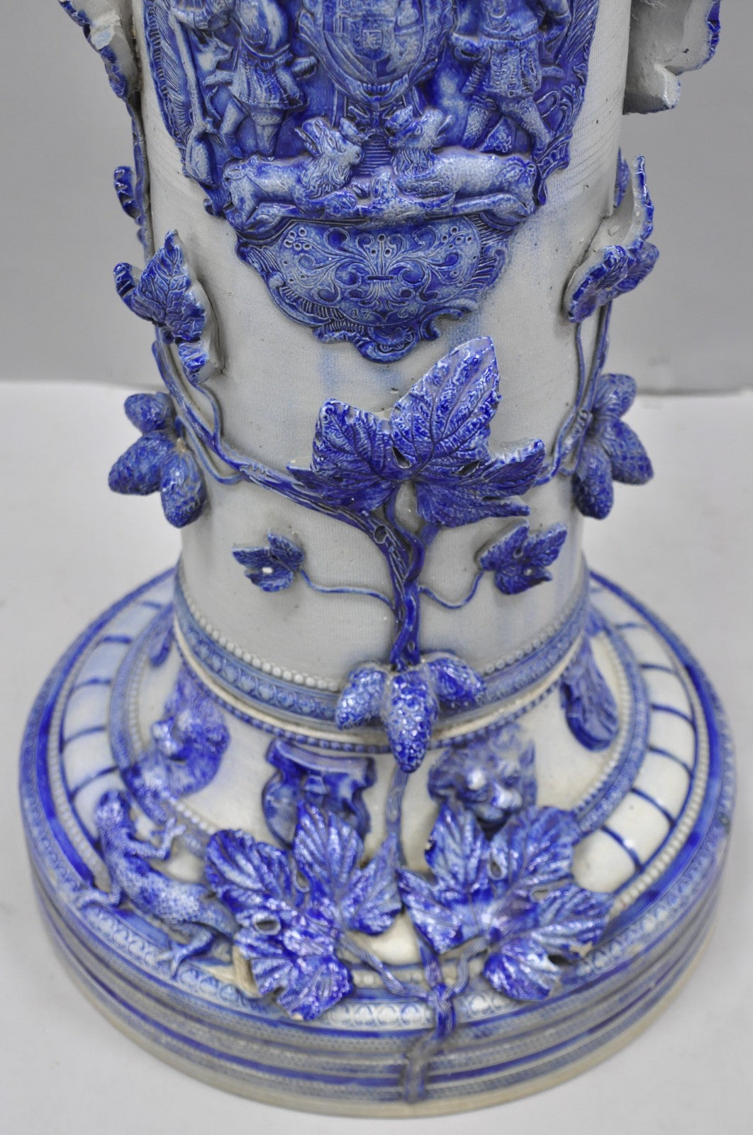 Antique German Westerwald Salt Glaze Stoneware Cobalt Blue Jardiniere & Pedestal
