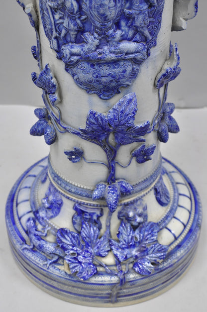 Antique German Westerwald Salt Glaze Stoneware Cobalt Blue Jardiniere & Pedestal