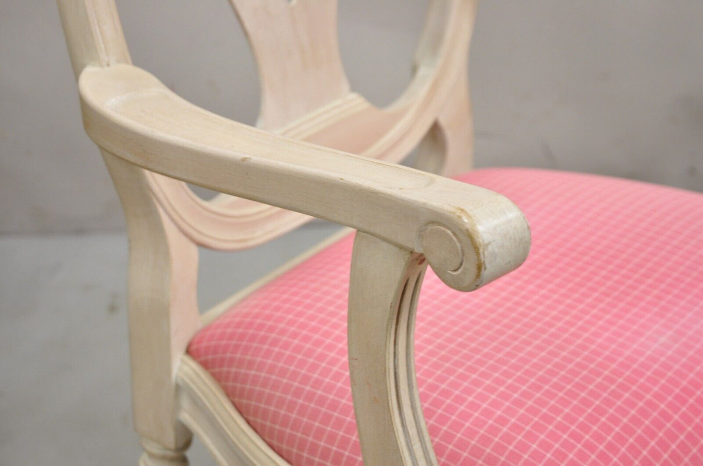 Vintage French Country Gustavian Cerused Pink Rose Dining Chairs - Set of 8