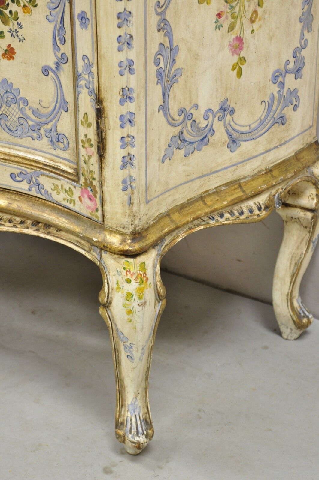 19th C. Italian Venetian Hand Painted Demilune Buffet Cabinet with 3 Drawers