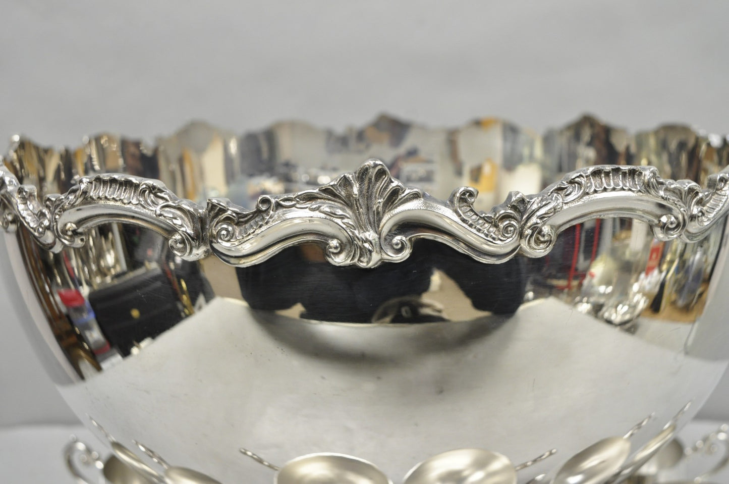 Vintage Large Silver Plated Pedestal Punch Bowl Set w/ 12 Cups - 14 Pc Set