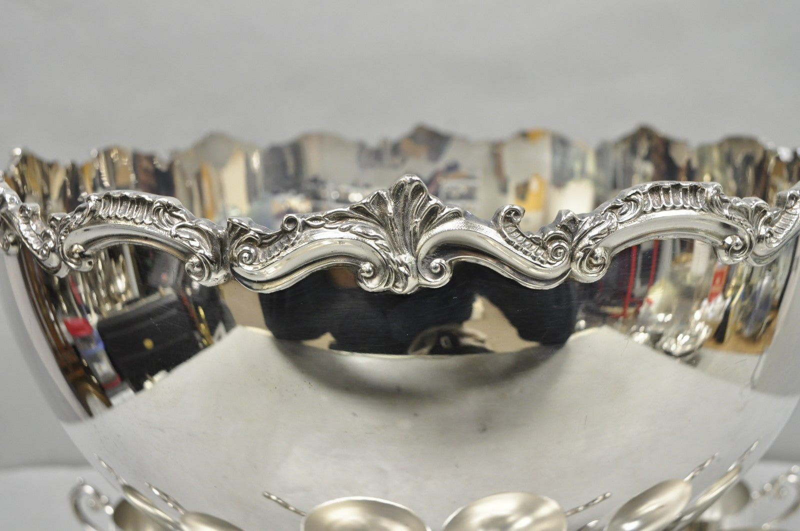 Vintage Large Silver Plated Pedestal Punch Bowl Set w/ 12 Cups - 14 Pc Set