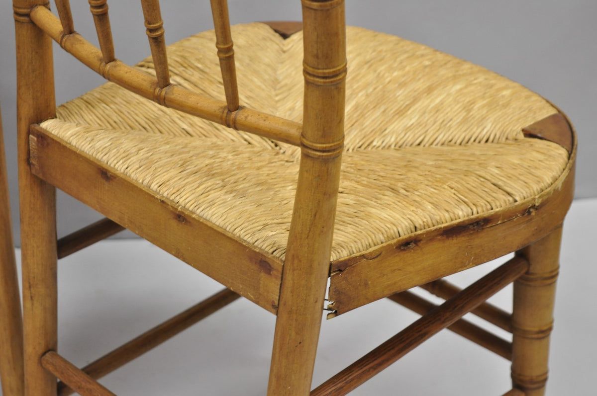 Antique English Regency Faux Bamboo Rush Seat Wooden Dining Chairs - Set of 6