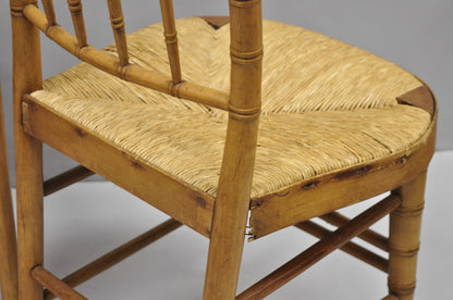 Antique English Regency Faux Bamboo Rush Seat Wooden Dining Chairs - Set of 6
