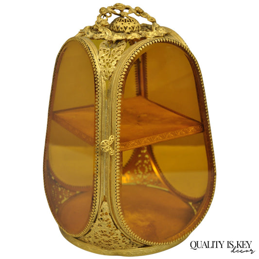 Vintage French Victorian Amber Glass Gold Filigree Vanity Jewelry Box Casket