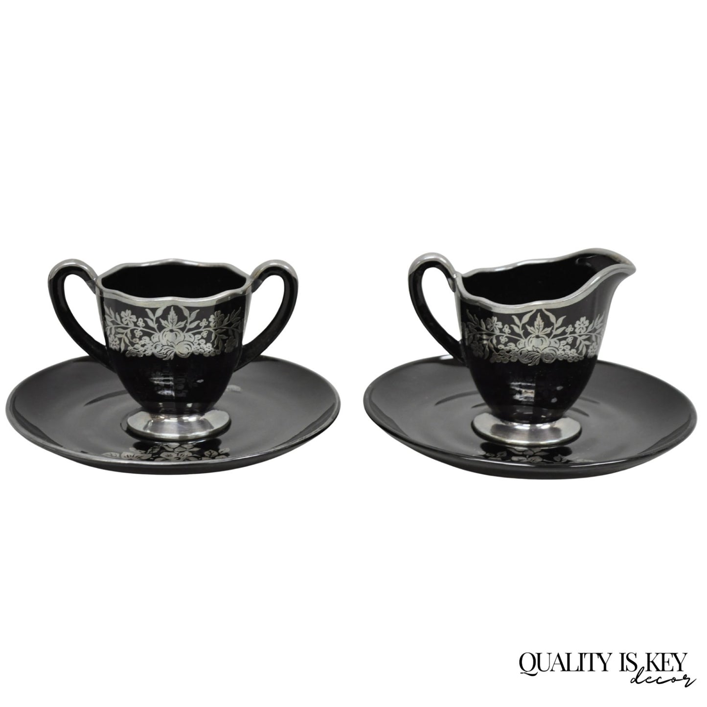 Vintage Rockwell Black Amethyst Glass Creamer Sugar Set Sterling Silver Overlay