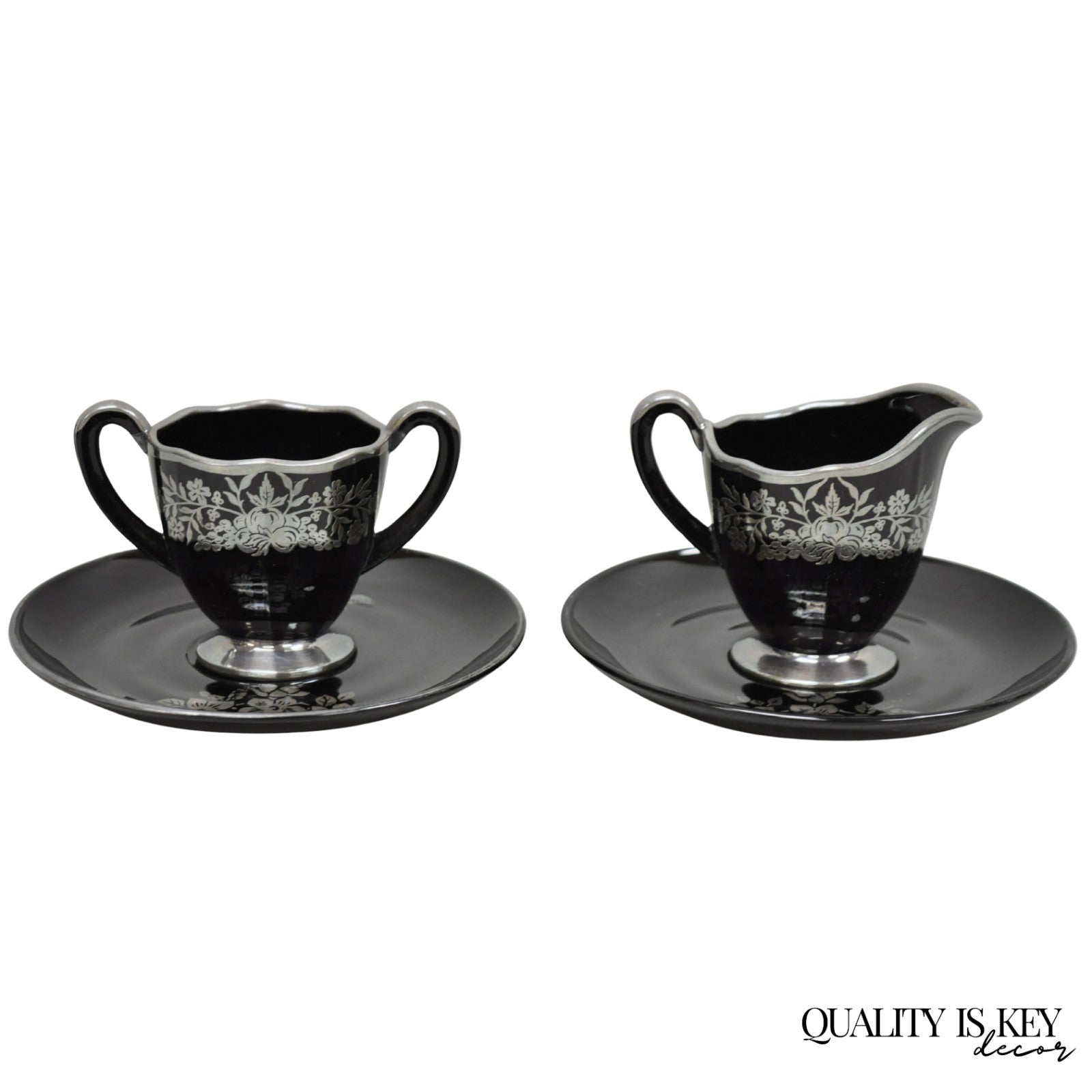 Vintage Rockwell Black Amethyst Glass Creamer Sugar Set Sterling Silver Overlay