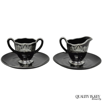 Vintage Rockwell Black Amethyst Glass Creamer Sugar Set Sterling Silver Overlay
