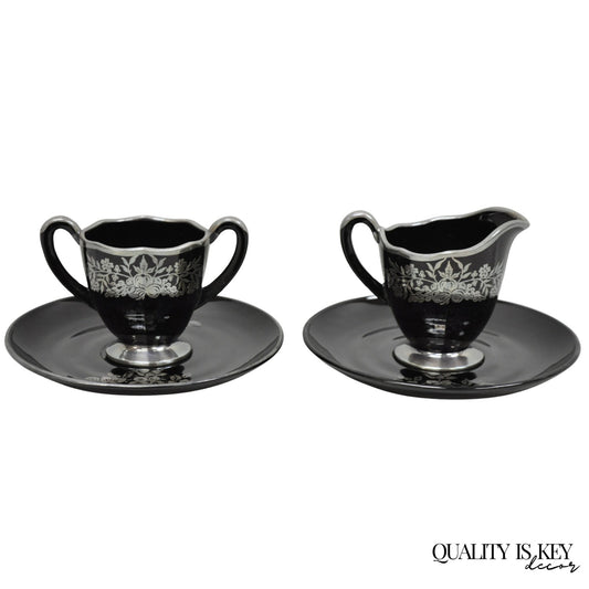Vintage Rockwell Black Amethyst Glass Creamer Sugar Set Sterling Silver Overlay