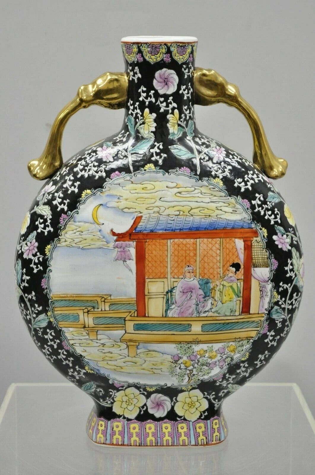 Vintage Chinese Porcelain Double Handle Large 19" Moon Flask Flower Vase