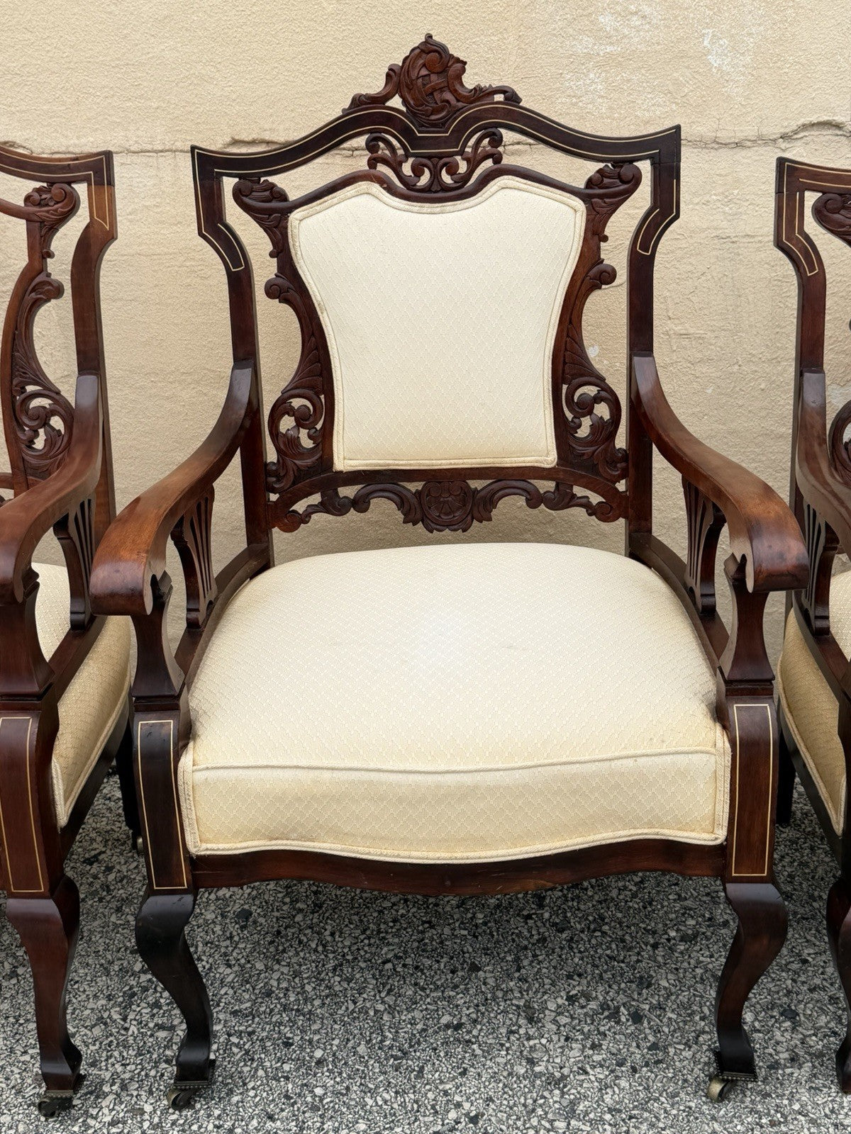 Antique Victorian Carved Mahogany Inlaid Parlor Set Sofa and 4 Chairs - 5 Pcs