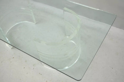 Mid Century Modern Curved Lucite Double Pedestal Rectangular Glass Coffee Table