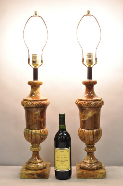 Vintage French Empire Style Polished Brown Marble Urn Form Table Lamps - a Pair