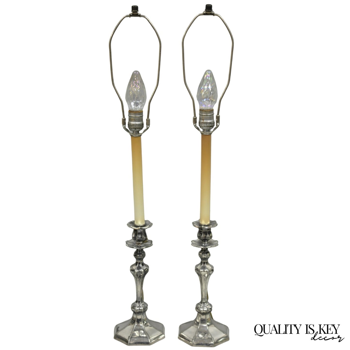 Reed & Barton Art Nouveau Silver Plated Small Candlestick Table Lamps - a Pair