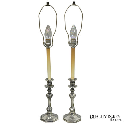 Reed & Barton Art Nouveau Silver Plated Small Candlestick Table Lamps - a Pair