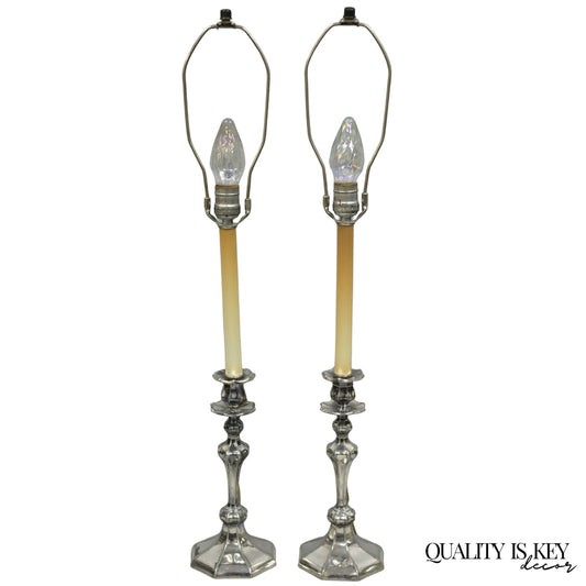 Reed & Barton Art Nouveau Silver Plated Small Candlestick Table Lamps - a Pair
