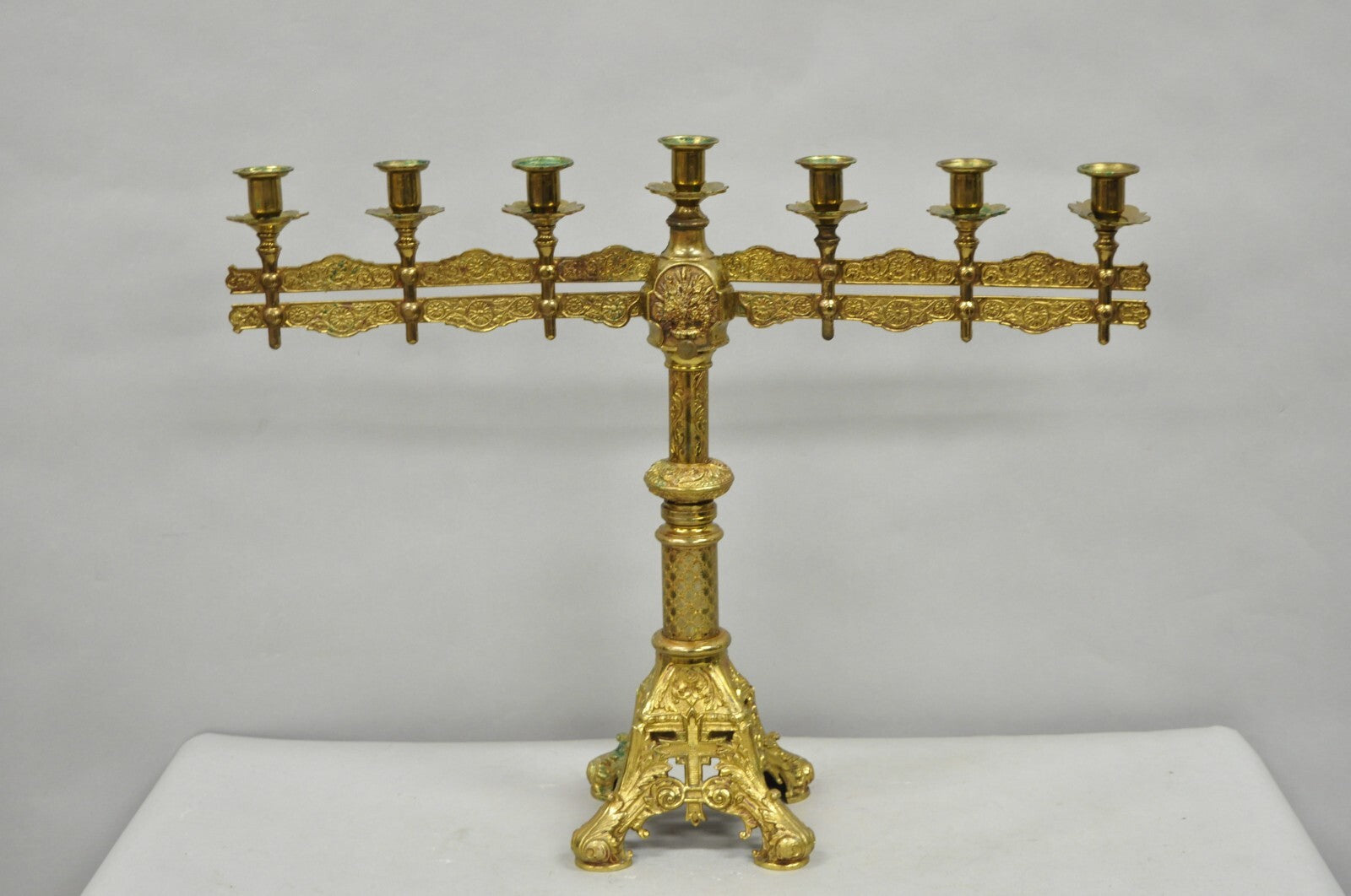 Antique French Renaissance Gothic Bronze 7 Arm Adjustable Candelabras - a Pair