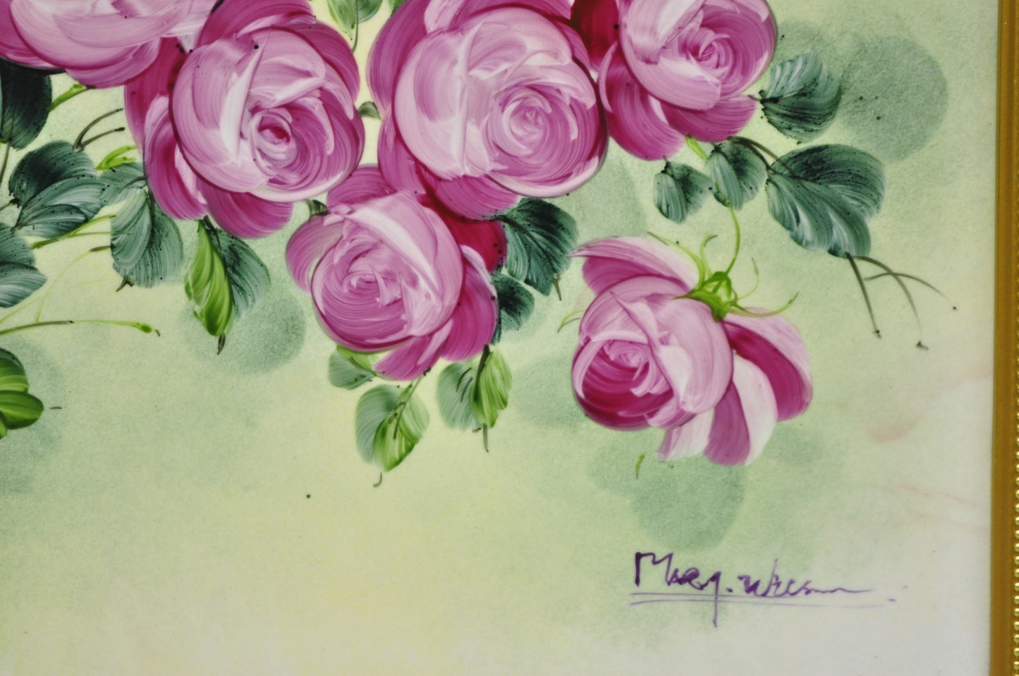 Mary Wilson French Hand Painted Porcelain Plaque Pink Rose Flower Painting (A)
