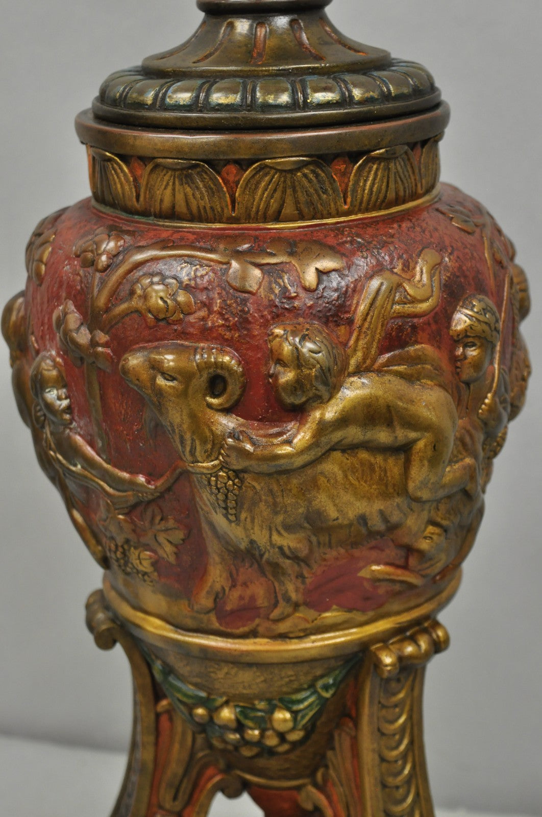 Armor Bronze Co Italian Classical Figural Cherub & Ram Polychrome Urn Table Lamp