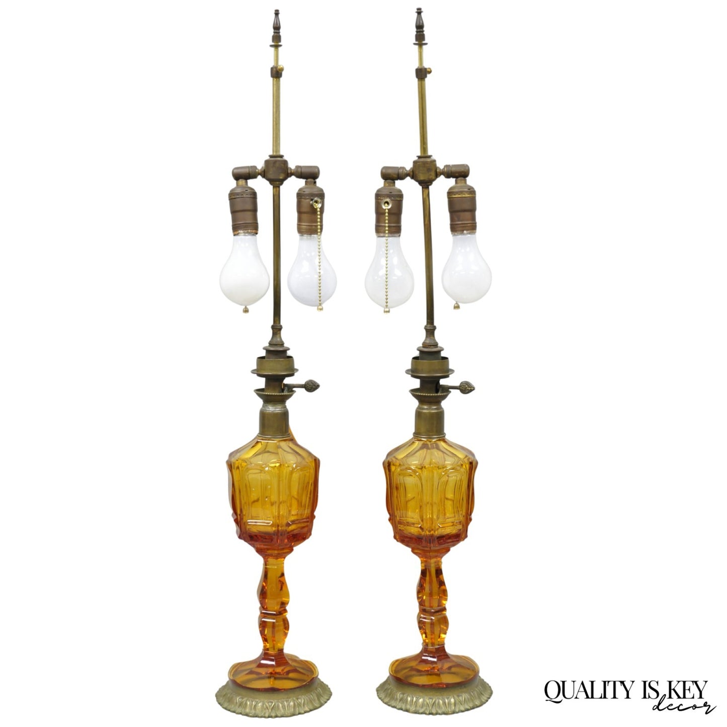 Antique French Victorian Amber Glass & Bronze Converted Oil Lamp Table Lamp Pair