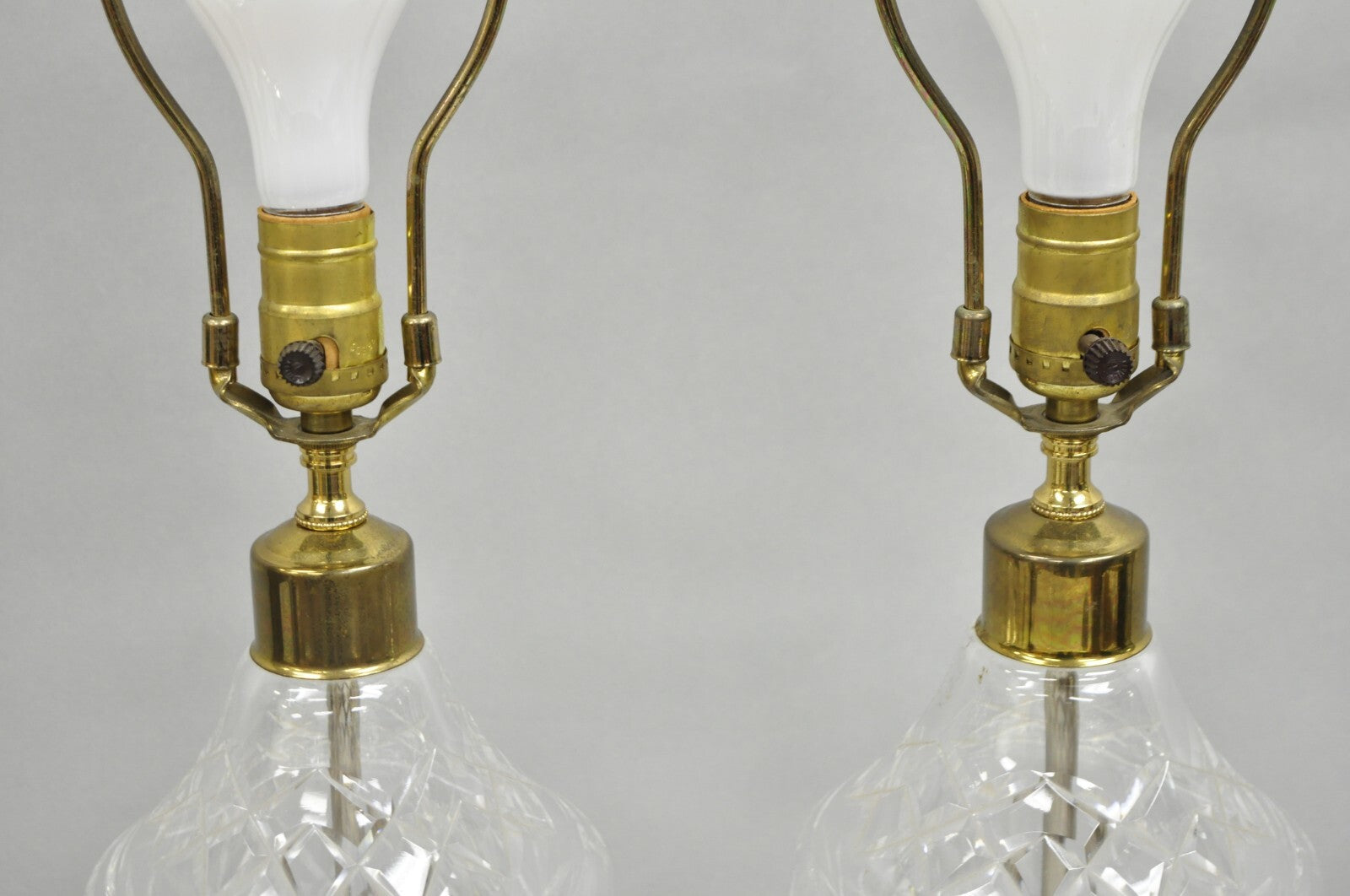 Vintage Waterford Cut Crystal Leaded Glass Urn Form Brass Table Lamps - a Pair