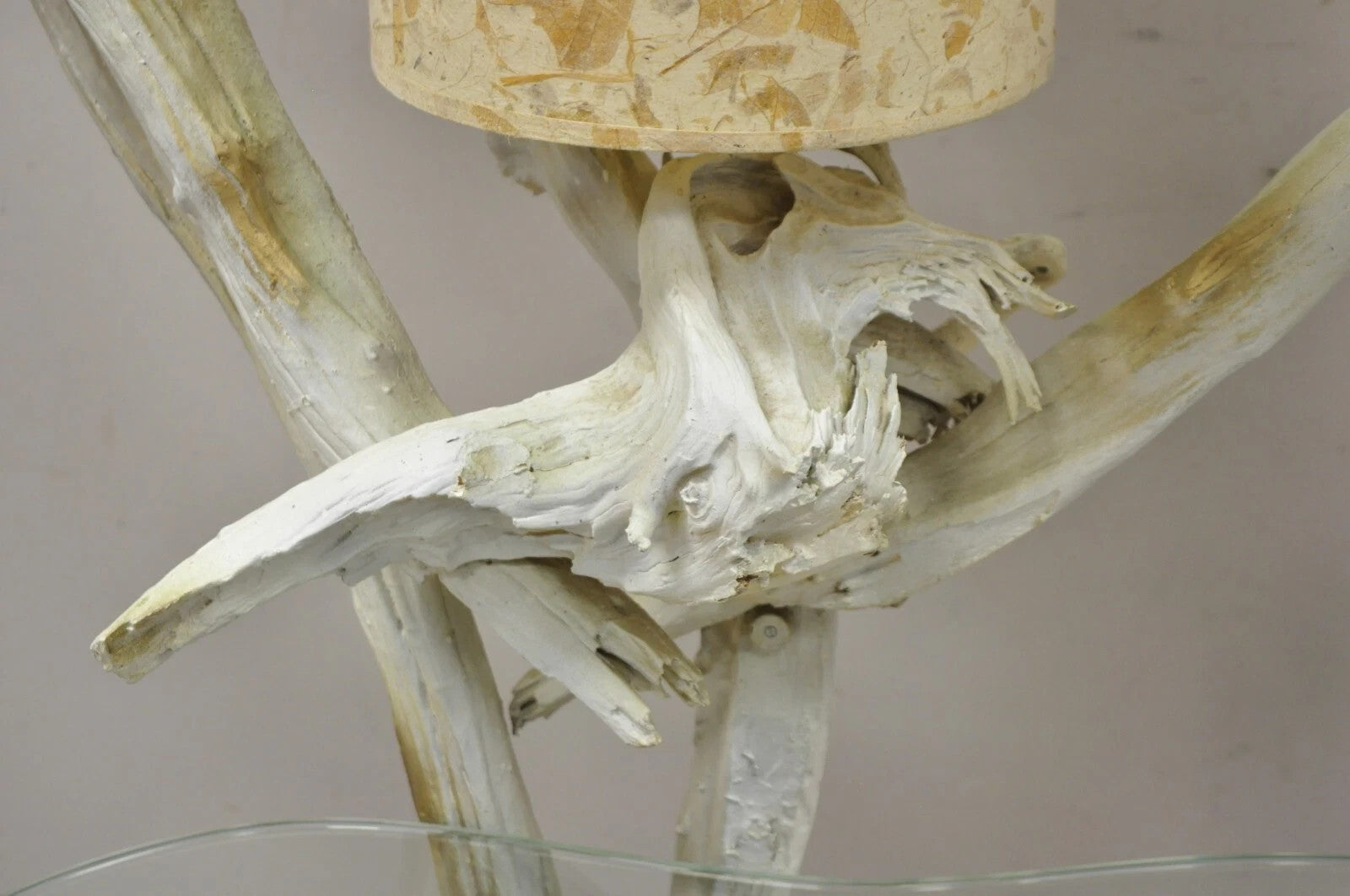 Vintage Mid Century Modern White Driftwood Kidney Glass Side Table Floor Lamp