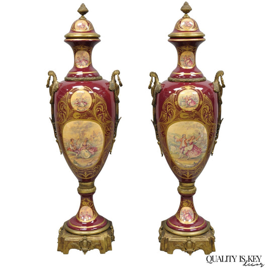 Vintage Palace Size French Sevres Style Red Porcelain Revolving Covered Urn Pair