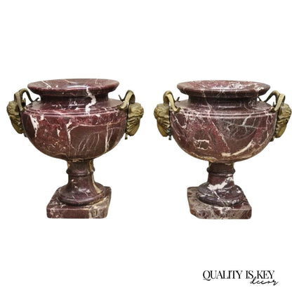 Large French Neoclassical Rouge Marble Bronze Rams Head Urn Planters - a Pair