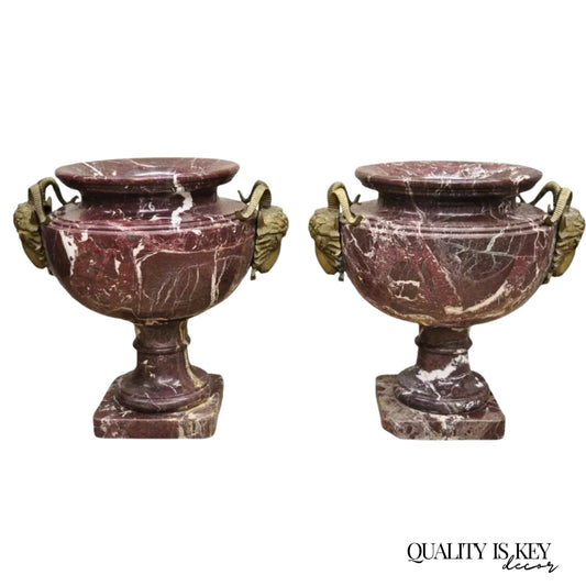 Large French Neoclassical Rouge Marble Bronze Rams Head Urn Planters - a Pair