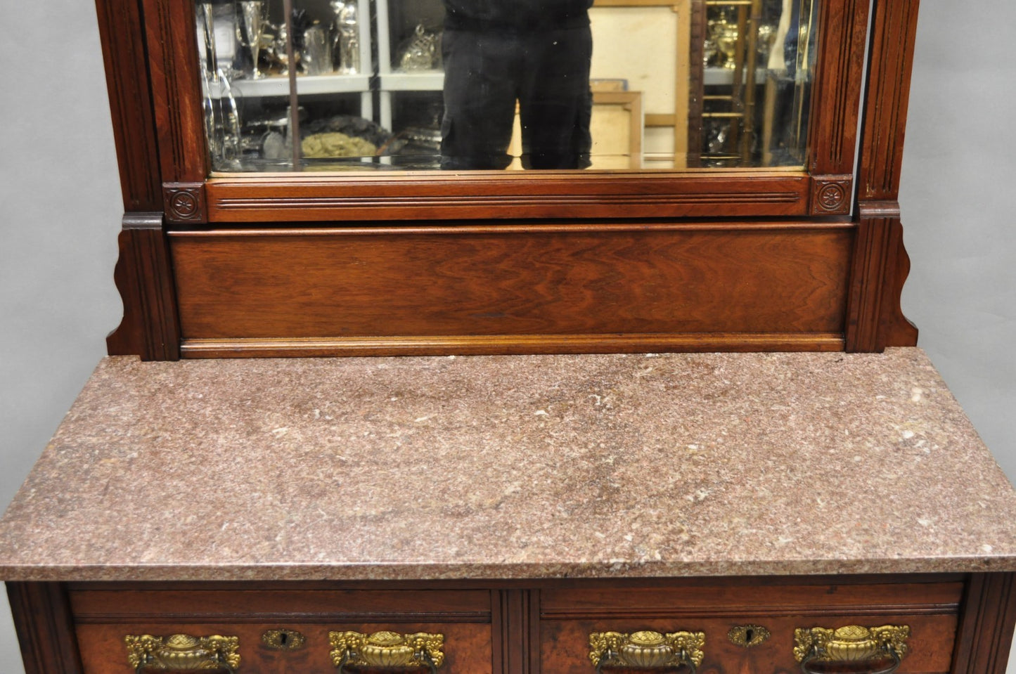 Antique Eastlake Victorian Burl Walnut Marble Top Washstand Dresser w/ Mirror