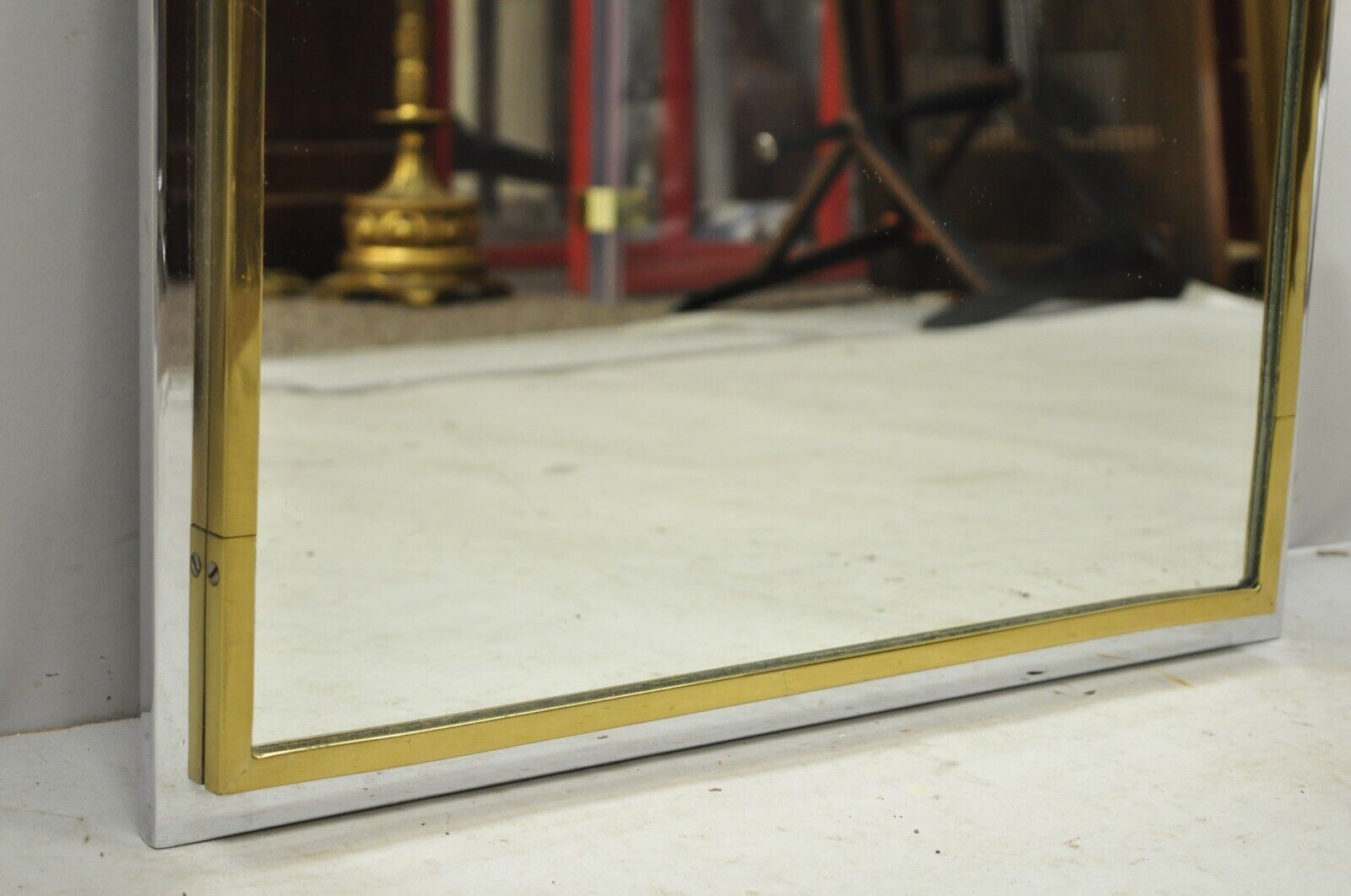 Italian Maison Jansen Steel Brass Chrome Arched 48" Console Wall Mirror 