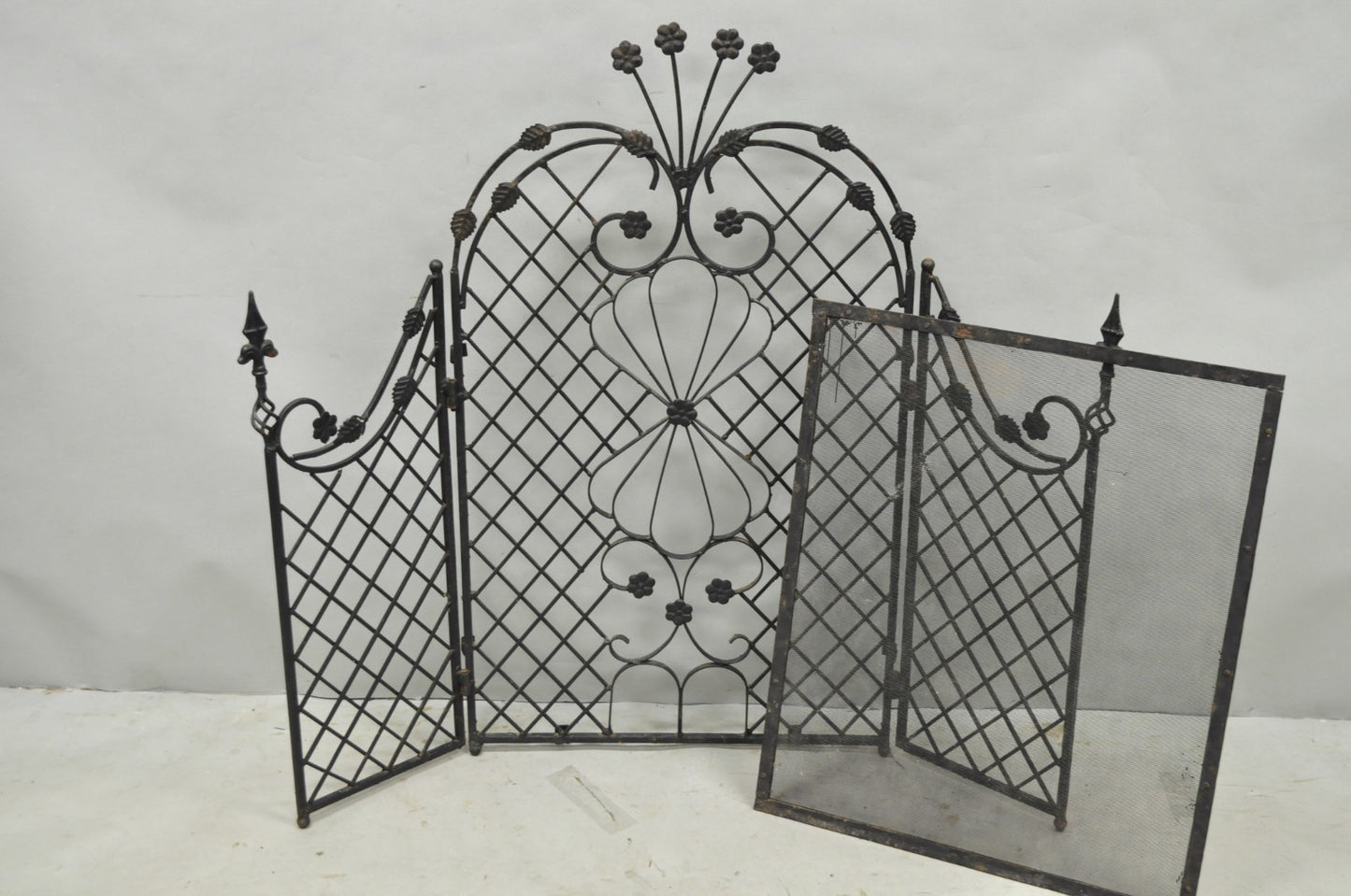 Antique Gothic Arts & Crafts Wrought Iron Scrolling Folding Fireplace Screen