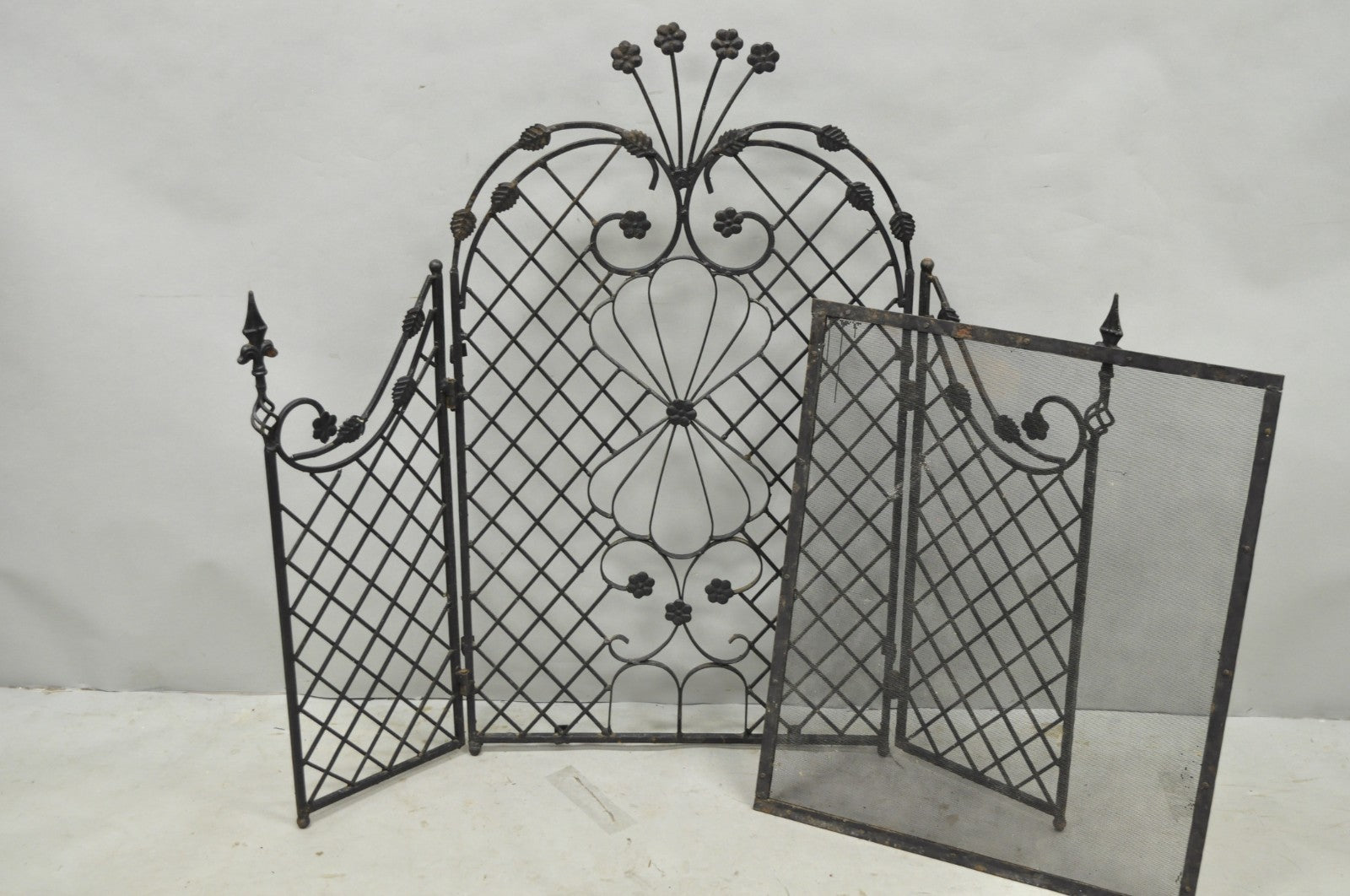 Antique Gothic Arts & Crafts Wrought Iron Scrolling Folding Fireplace Screen