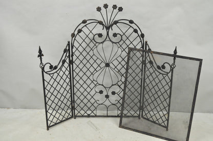 Antique Gothic Arts & Crafts Wrought Iron Scrolling Folding Fireplace Screen