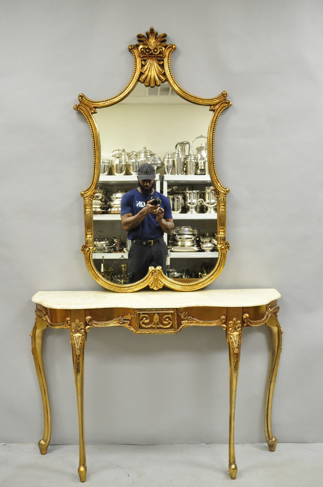 Vintage French Louis XV Victorian Style Gold Gilt Console Table & Mirror - 2 Pcs