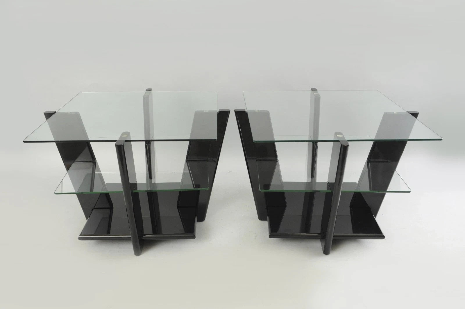 Contemporary Modern Black Lacquer & Glass 3 Tier Space Age End Tables - a Pair