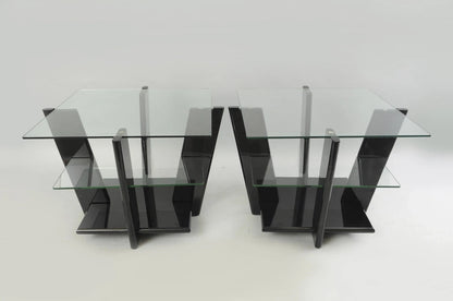 Contemporary Modern Black Lacquer & Glass 3 Tier Space Age End Tables - a Pair
