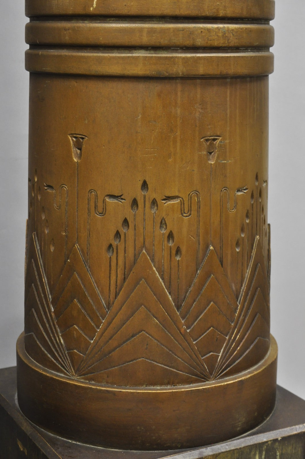 Antique Art Deco 75" Tall Wooden Pedestal Column Geometric Chevron Carved - Pair