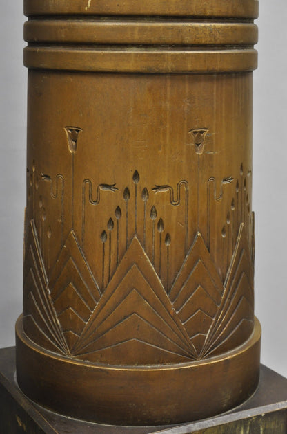 Antique Art Deco 75" Tall Wooden Pedestal Column Geometric Chevron Carved - Pair